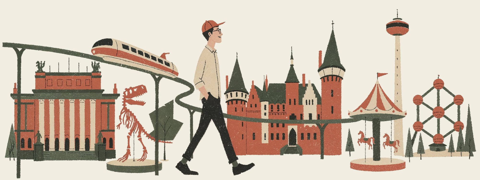 Illustratie: een ontwerper loopt langs een T-rex, kasteel, monorail en carrousel